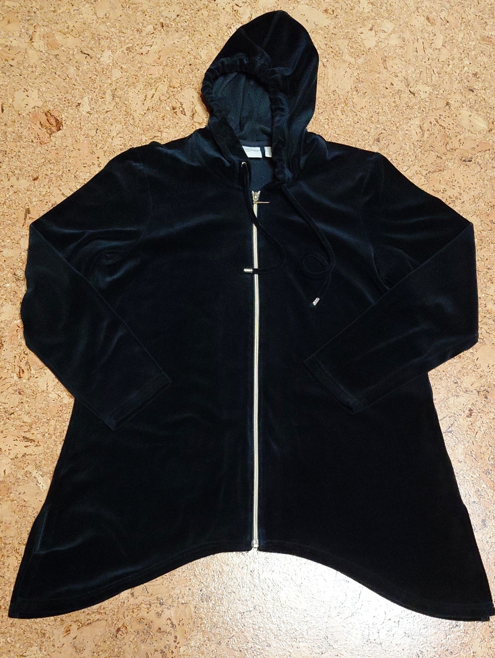 Chico's Zenergy Black Velvet Gold Zip Long Hooded Jacket W/Side Slits Size 2 (L)